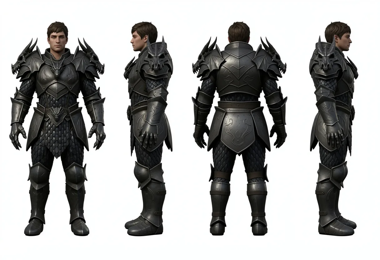 Character turnaround of male warrior in black dragon scale armor with spiky shoulder pauldrons, front side and back views