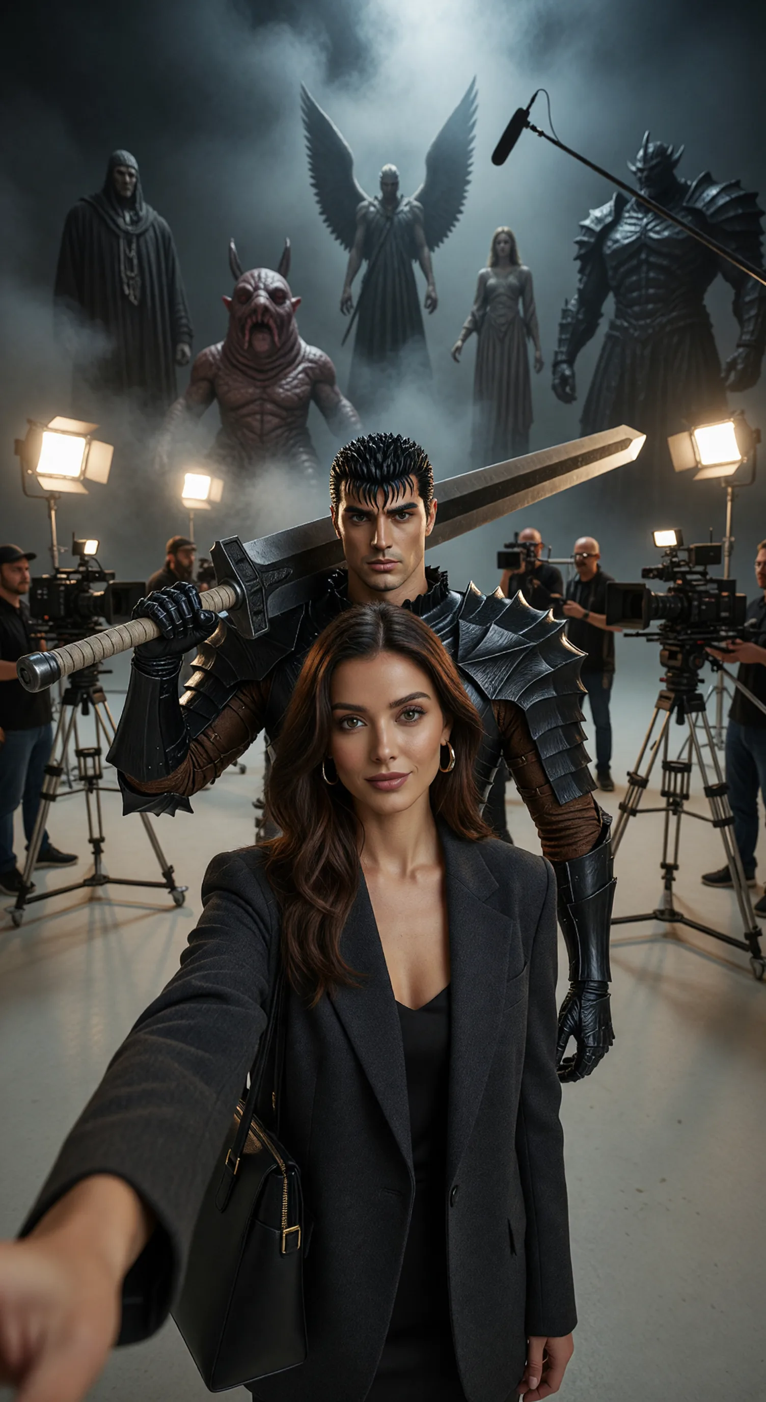 arafed image of a woman in a black suit and a man in a suit and a man