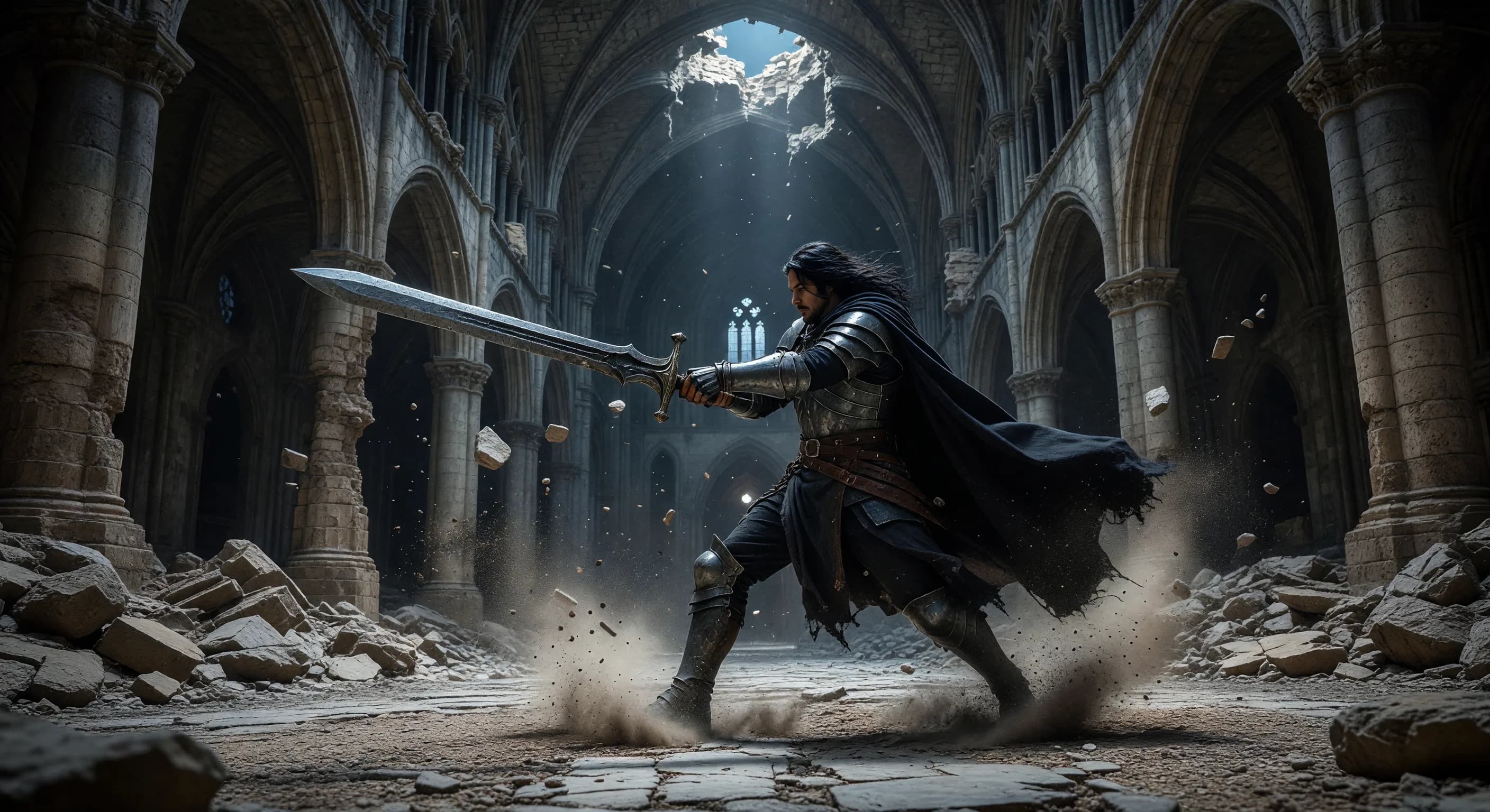 there is a man in a dark suit holding a sword in a cathedral