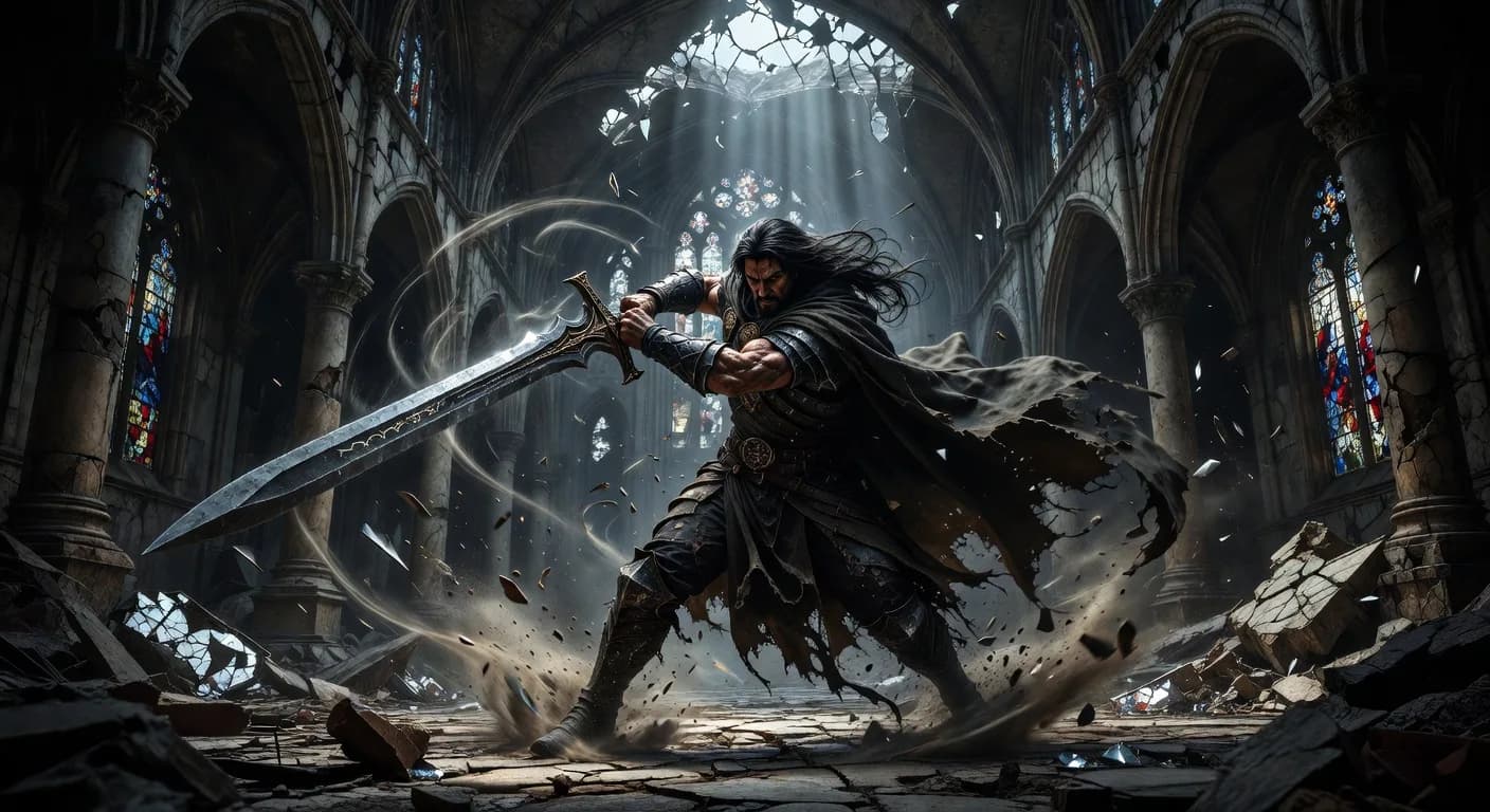 arafed image of a man holding a sword in a cathedral