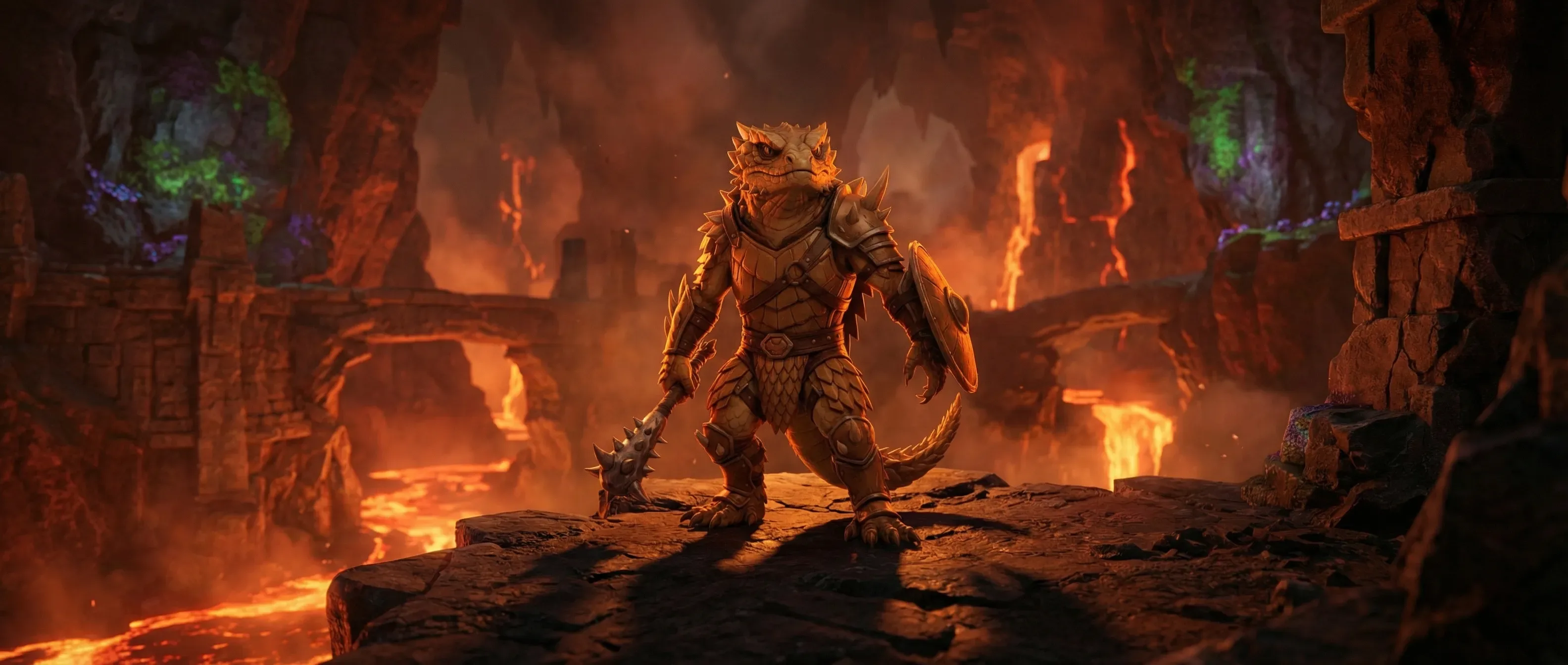 araffe standing on a rock in a cave with flames