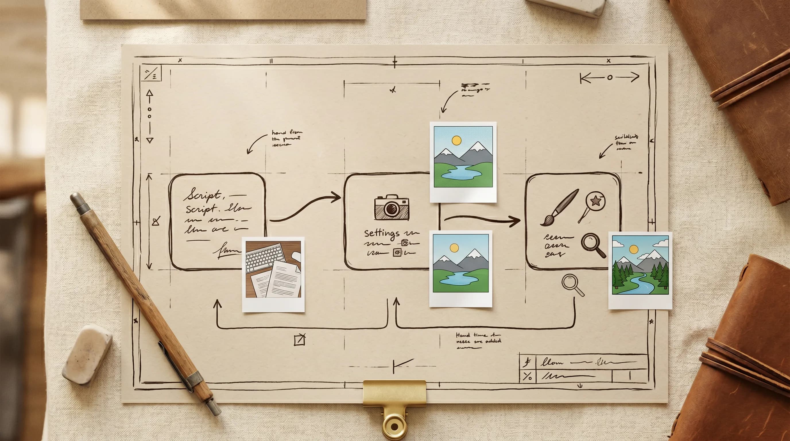 Design blueprint wireframe showing camera settings workflow with landscape photo sketches, architectural layout on kraft paper with pencil and eraser
