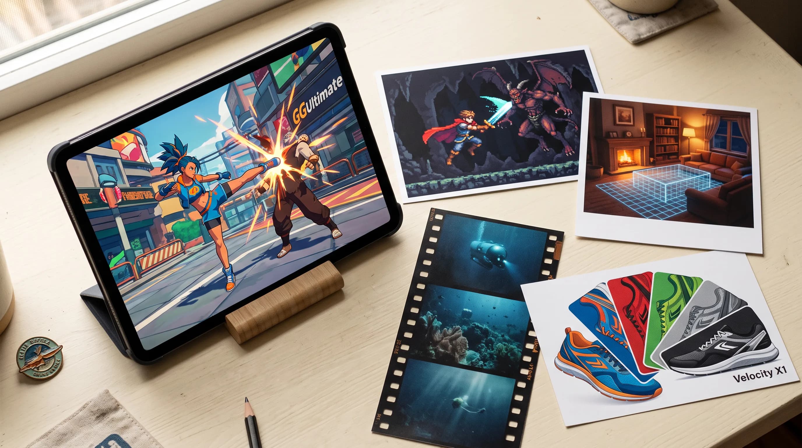 Digital artist workspace featuring tablet with anime fighting game, scattered concept art prints including underwater scenes and sneaker designs on wooden desk