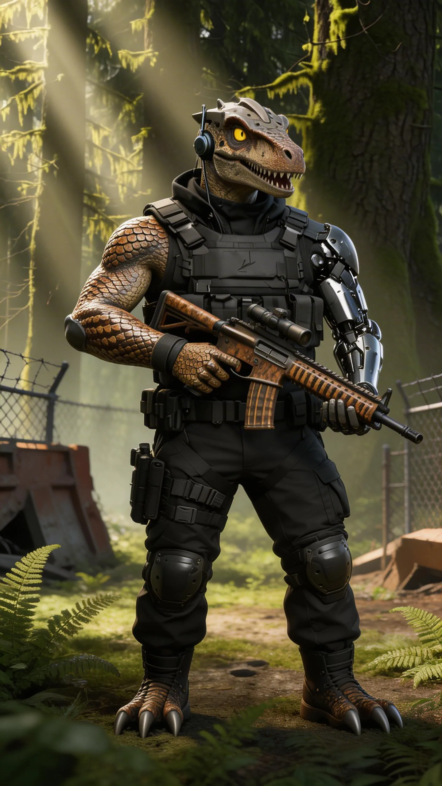 Armed dinosaur commando in black tactical gear and headphones holding rifle in misty forest with ferns