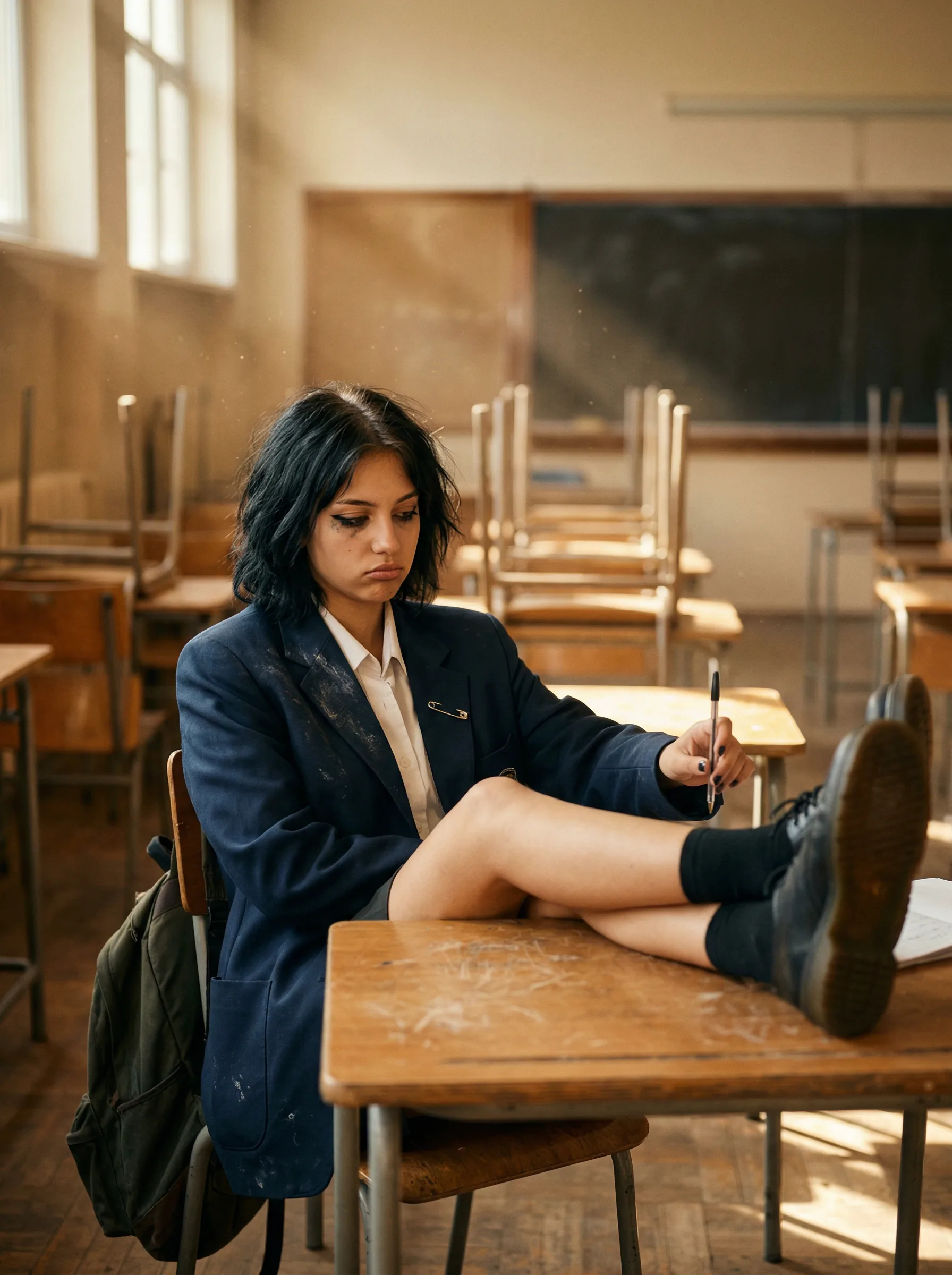 Disengaged student in navy blazer sitting at wooden desk in empty classroom, holding pencil with feet up, expressing boredom and academic disinterest