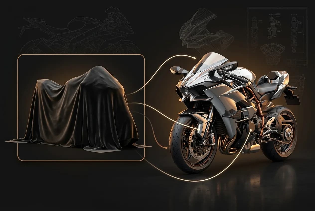 Luxury sports motorcycle with gold accents revealed from black fabric drape, connected by gold lines in dark studio setting