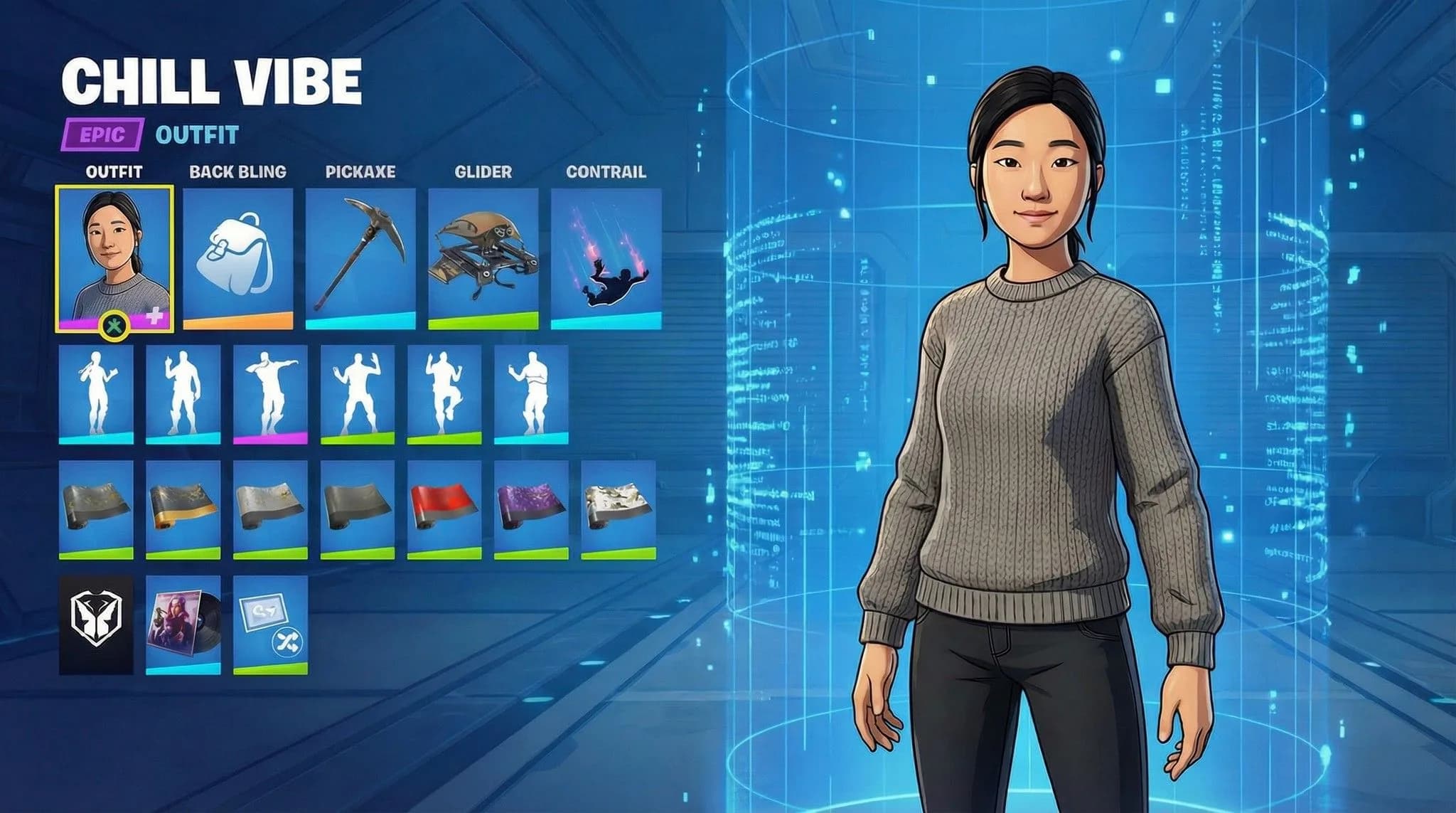 Female game character wearing gray ribbed sweater and black pants with customizable outfit options including back bling, pickaxe, glider and contrail in Fortnite Battle Royale interface