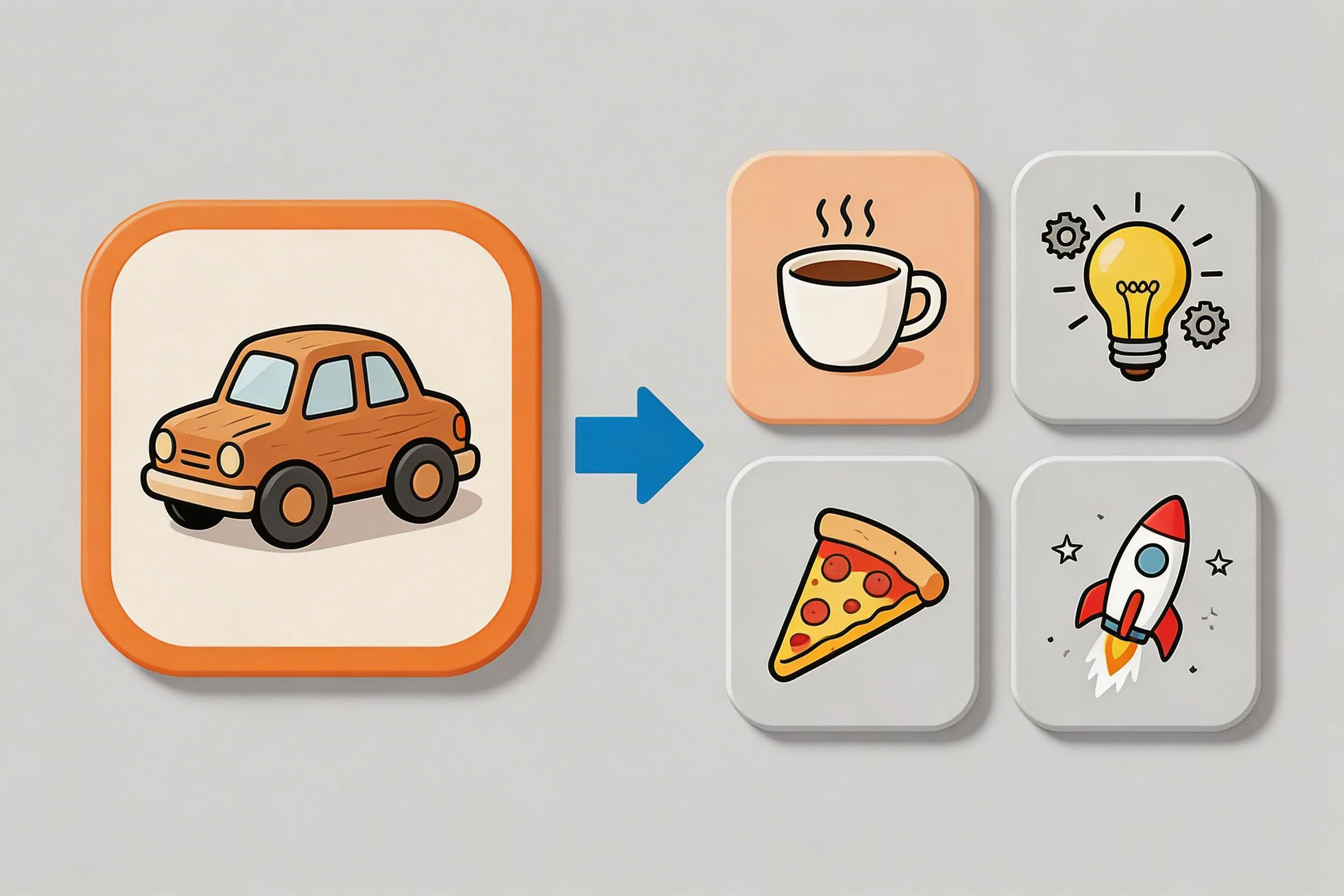 Orange car icon with arrow pointing to category icons including coffee cup, lightbulb, pizza slice, and rocket ship in flat design style