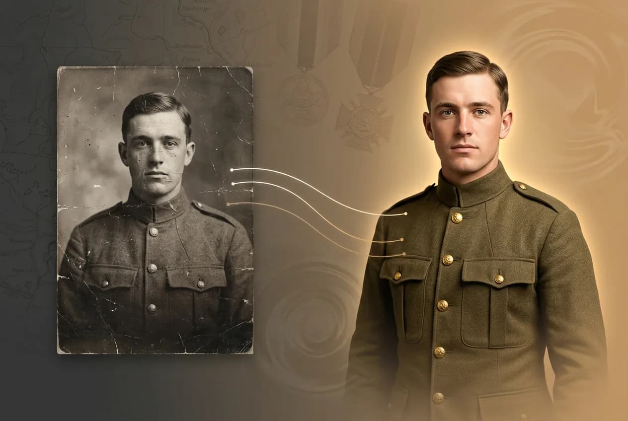 Colorized WWI soldier portrait showing restored vintage military photograph and modern rendition in khaki uniform