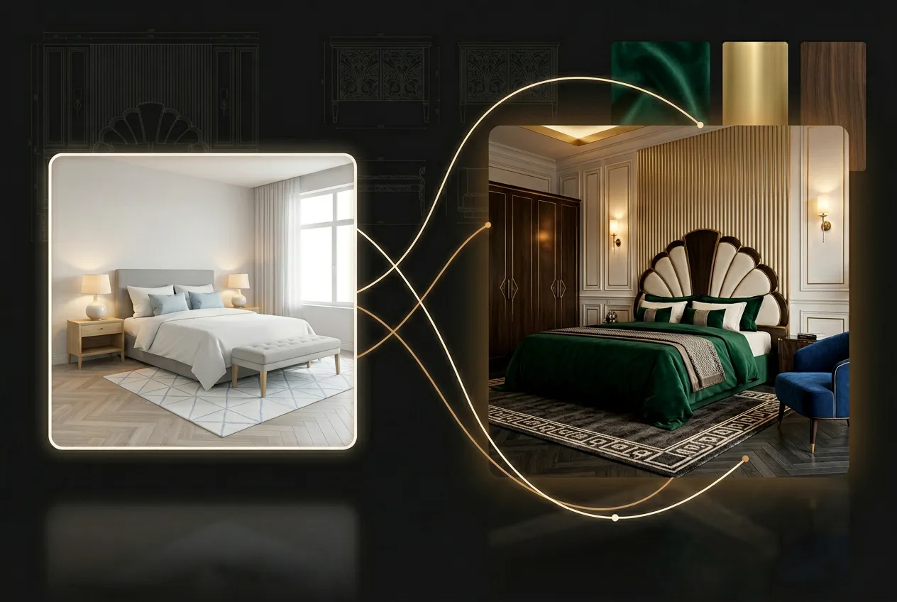 Modern bedroom design showcase comparing minimalist Scandinavian style with luxe art deco green velvet bedroom interior