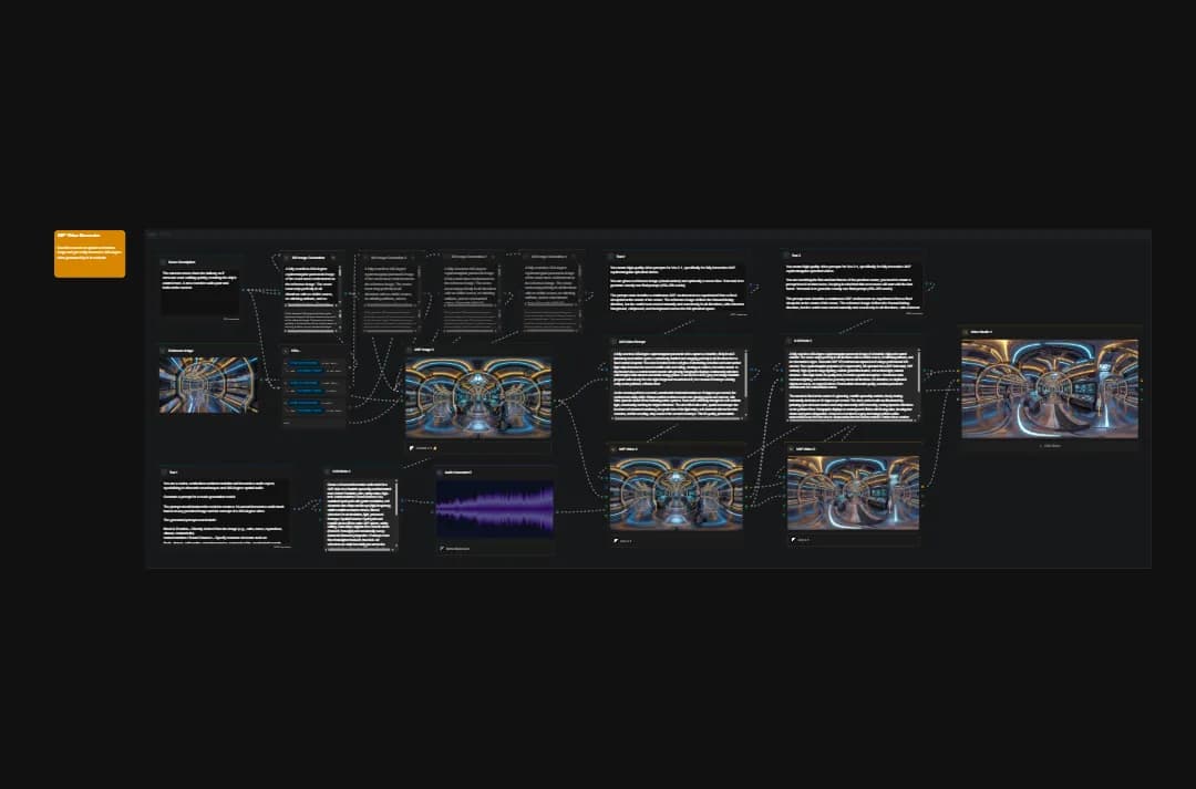 AI neural network interface with interconnected nodes, blue waveform data, and golden geometric patterns on dark background