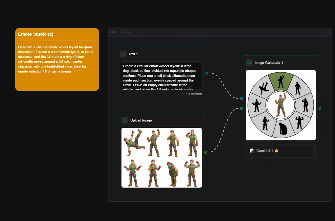 AI-generated circular emote wheel layout tool showing game character silhouettes and poses for UI selection menu design