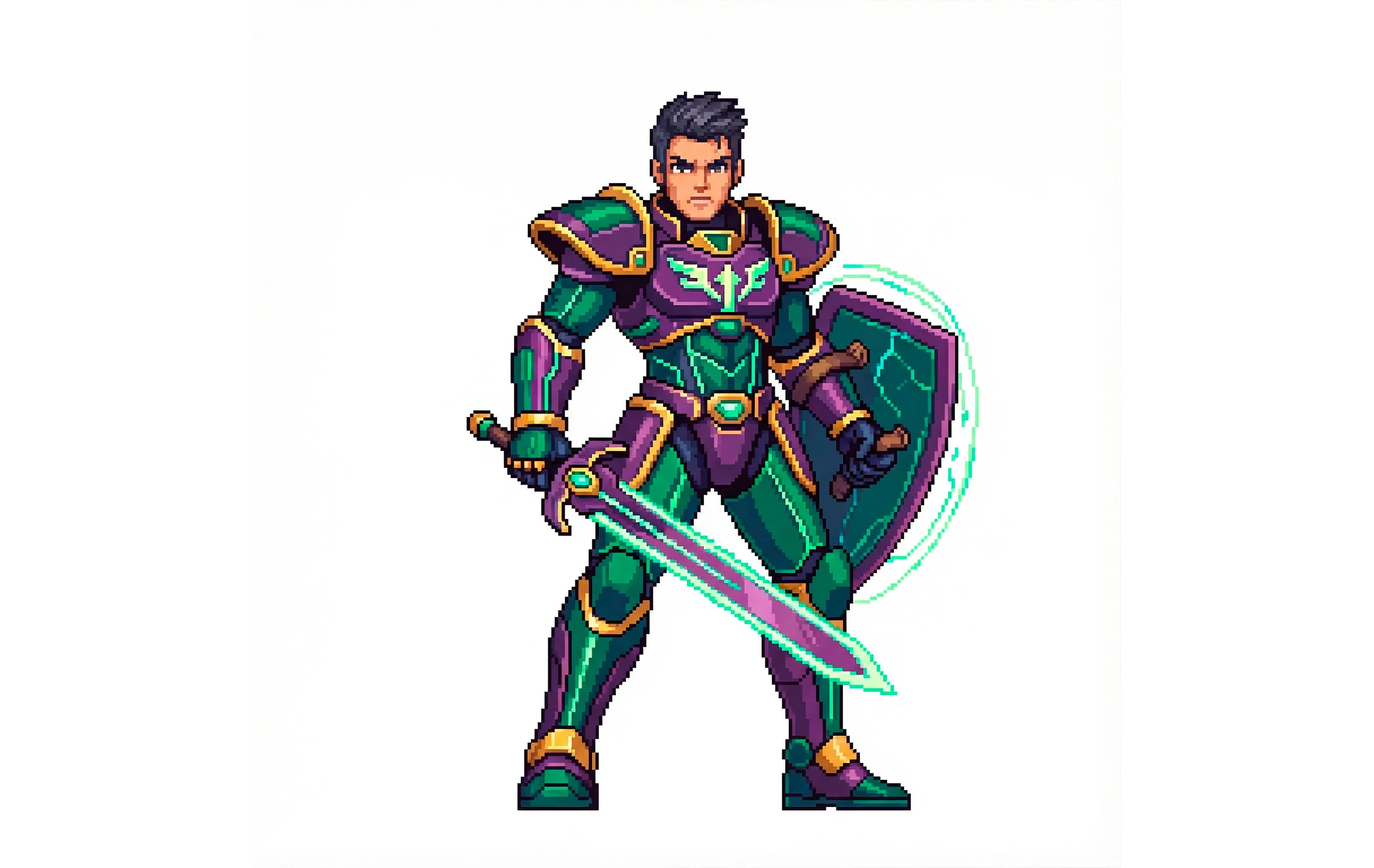 Pixel art fantasy warrior in green and purple armor wielding glowing sword and magical shield