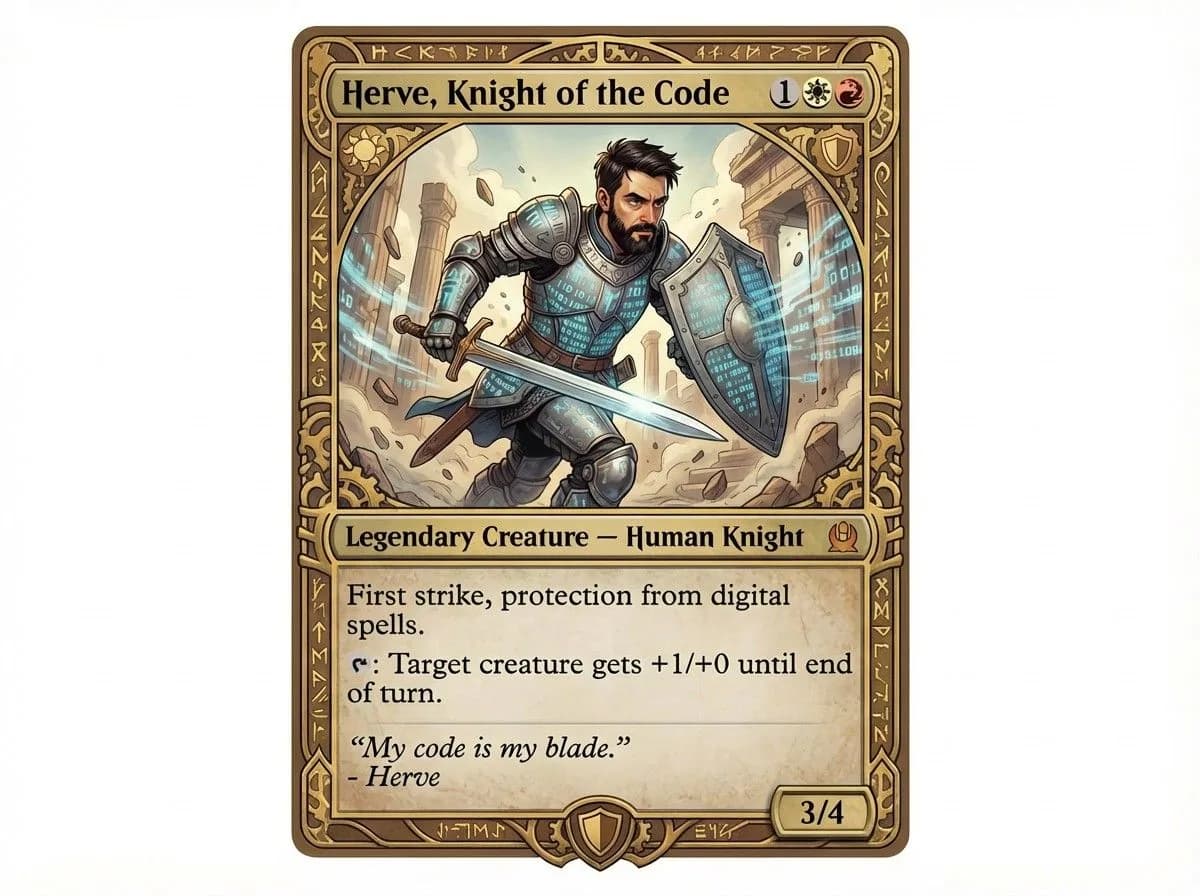 Herve Knight of the Code trading card featuring armored warrior with sword and shield in futuristic digital armor game art
