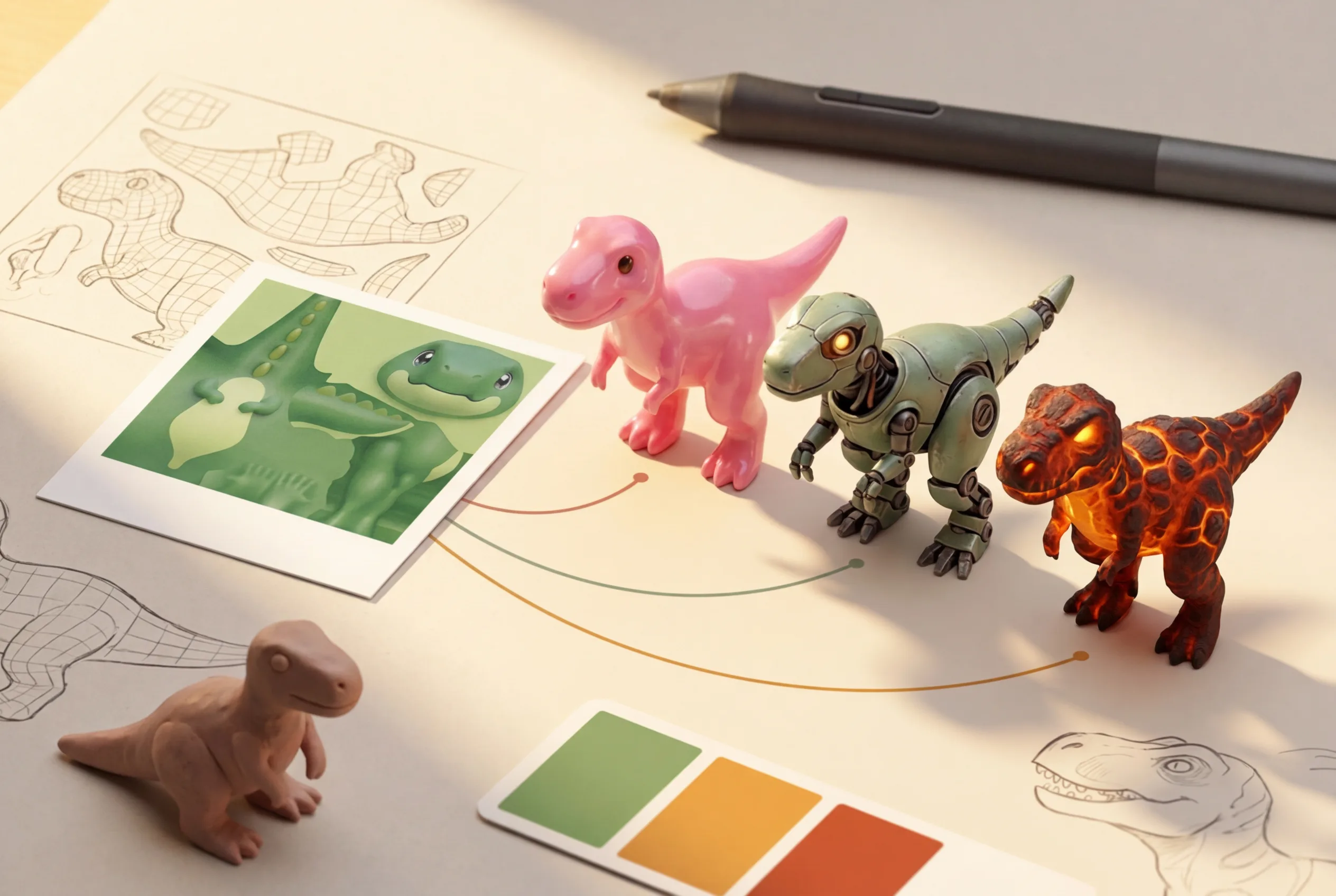 3D dinosaur toys and concept art sketches on designer workspace with color palette and stylus pen