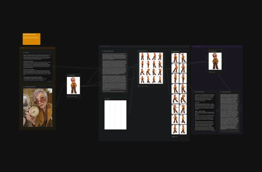 Character design portfolio spread showing animation sheets, character poses, development sketches, and design documentation on dark background