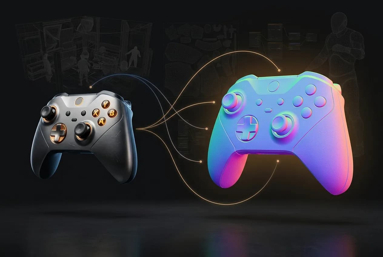 Two modern gaming controllers connected by glowing lines on dark background - black metallic controller with gold accents and colorful neon gradient controller with cyan pink purple glow