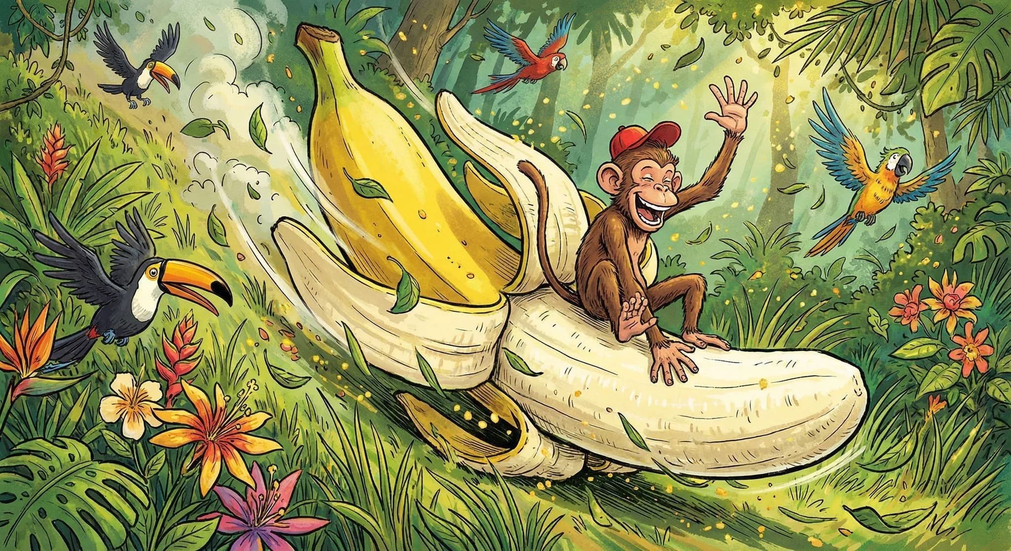 Cartoon monkey riding giant banana in lush tropical jungle with colorful birds and flowers, whimsical children's art illustration