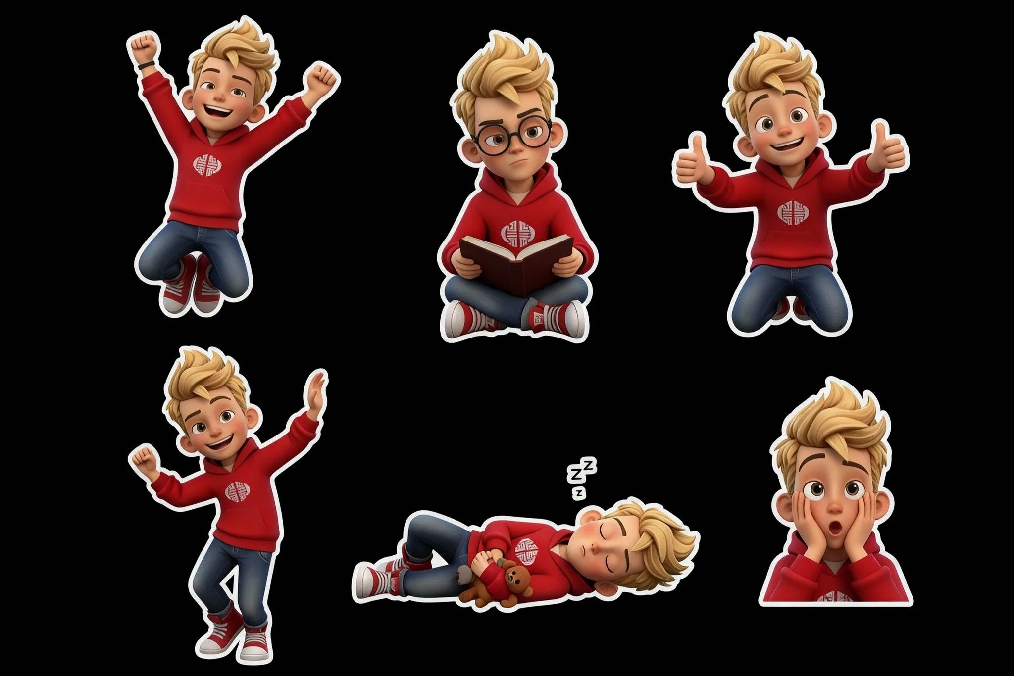 Cartoon boy with blonde hair in red hoodie showing various emotions: happy, reading, thumbs up, waving, sleeping, and surprised expressions