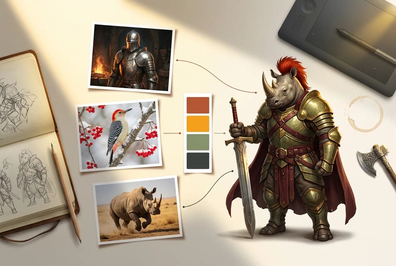 Armored rhino warrior character with red mane holding sword, concept art board with reference images and color palette