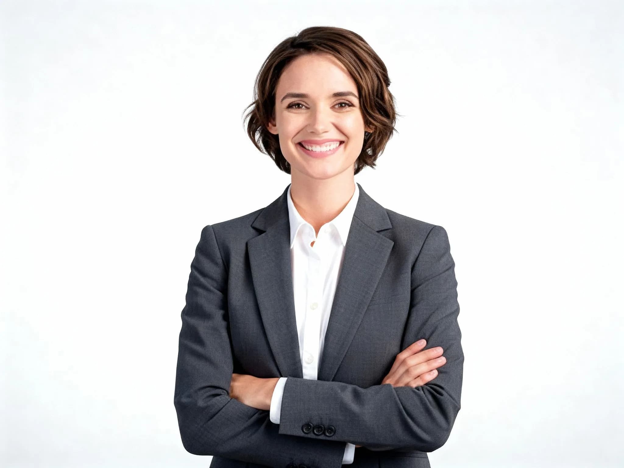 Smiling professional woman in dark gray blazer and white shirt with arms crossed, isolated on white background