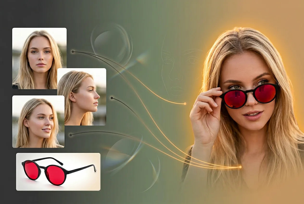 Woman wearing red round sunglasses with composite portrait variations showing different angles and expressions against golden gradient background