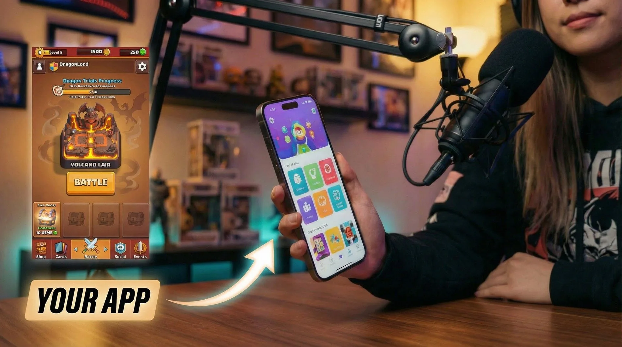 Streamer holding smartphone with gaming app interface displaying dragon lord battle game next to professional microphone in content creation studio