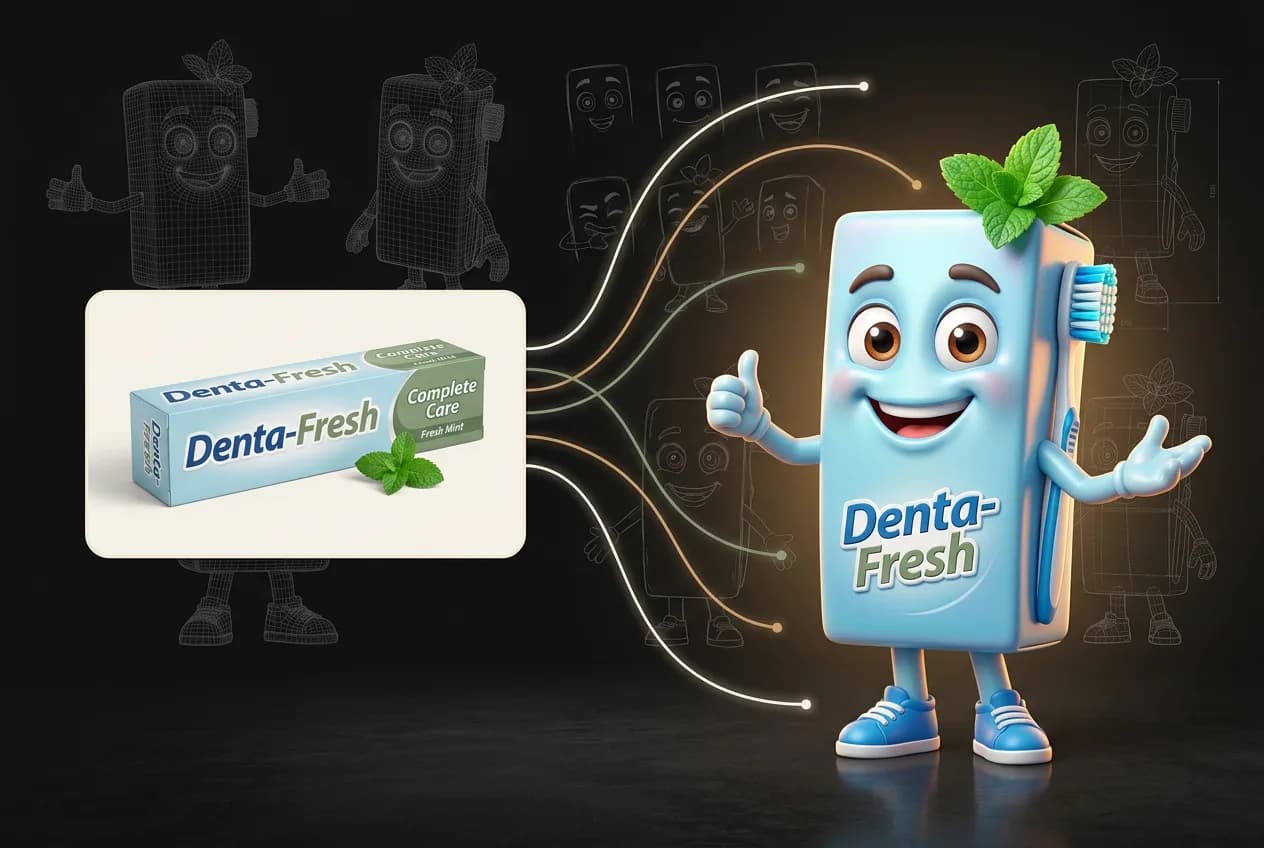 Animated toothpaste mascot character promoting Denta-Fresh toothpaste with mint leaves and product packaging on dark background