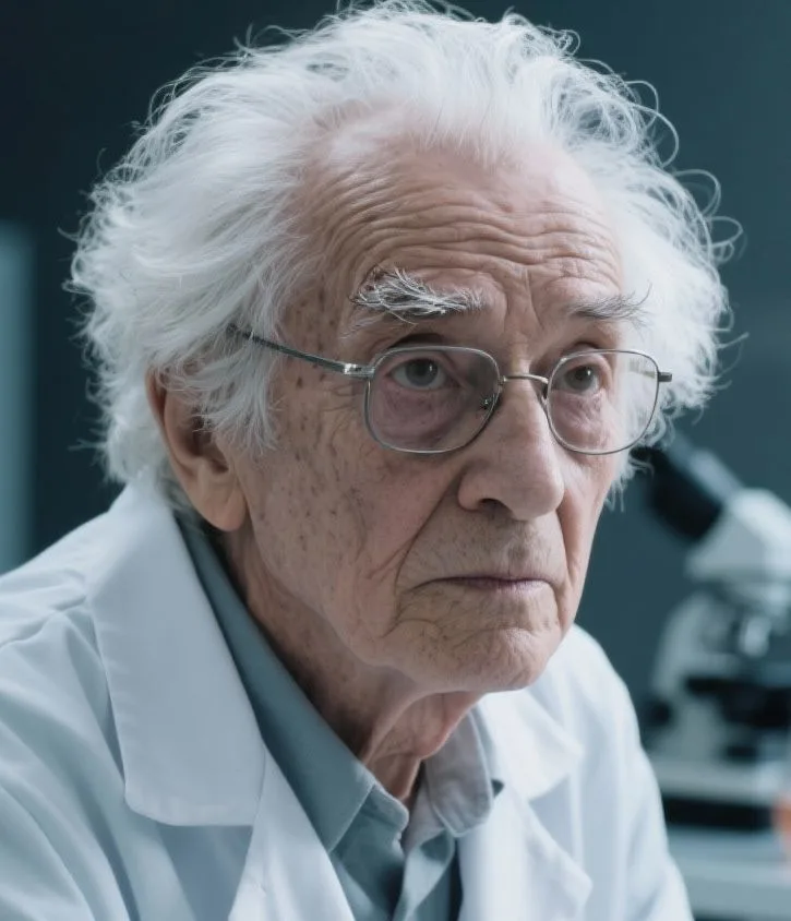Elderly scientist with white hair wearing glasses and white lab coat in modern research laboratory setting