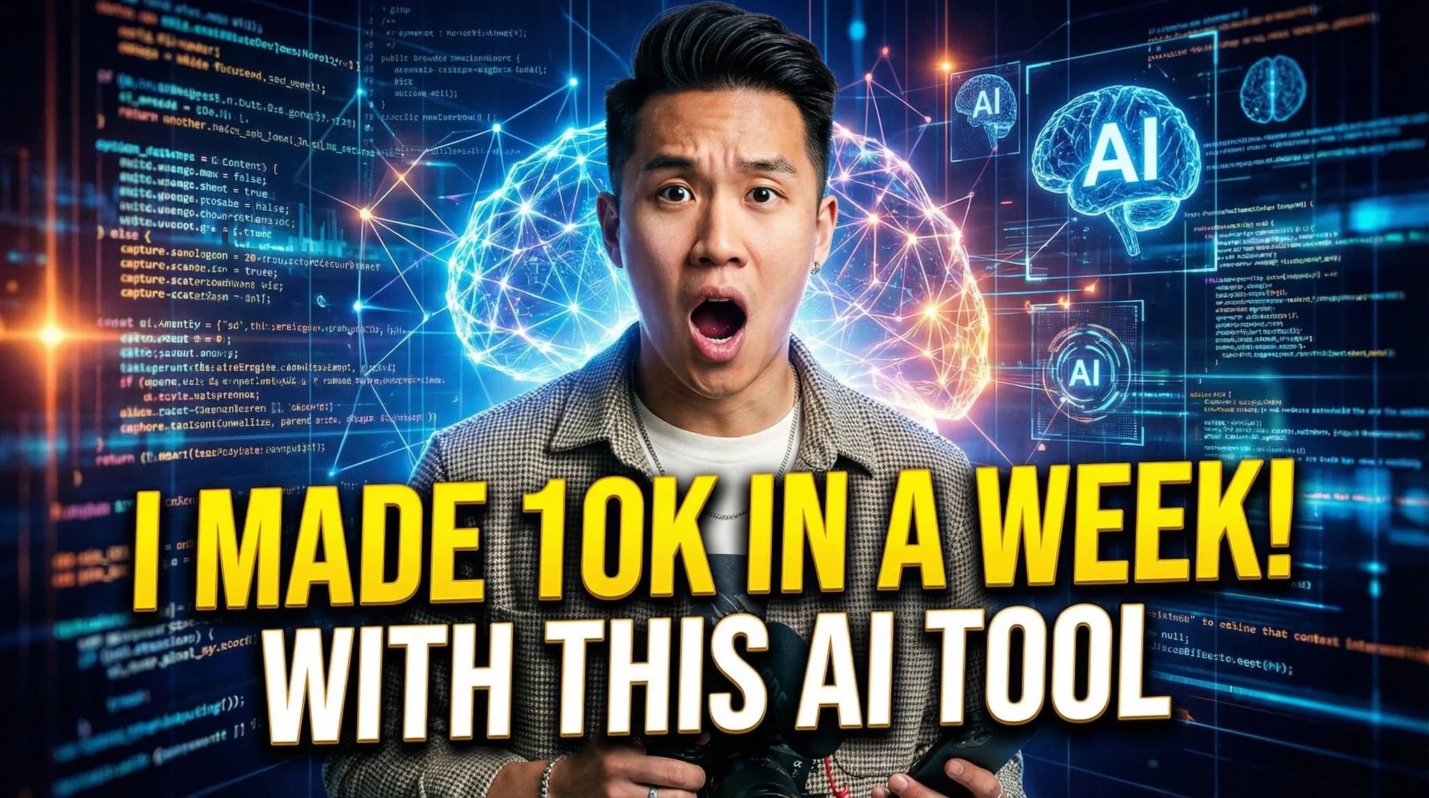 Shocked man with glowing AI brain visualization and code background, caption 'I made 10K in a week with this AI tool' - digital marketing concept image