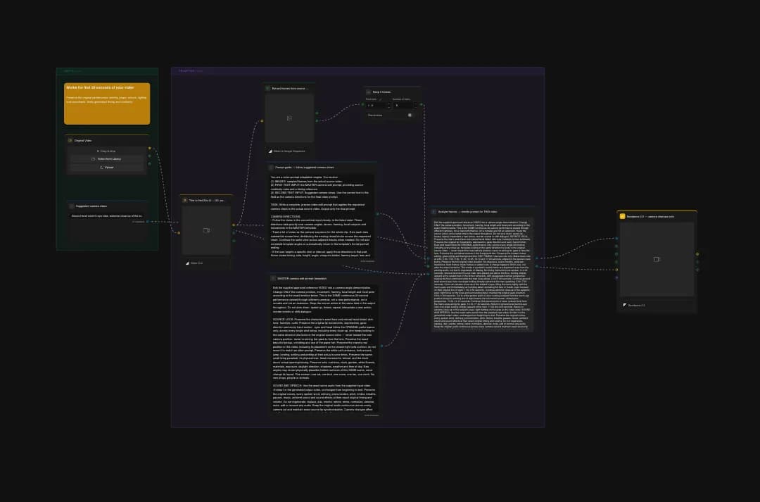 Dark themed web interface showing documentation pages with yellow alert banner, code snippets, and connected workflow diagram on black background