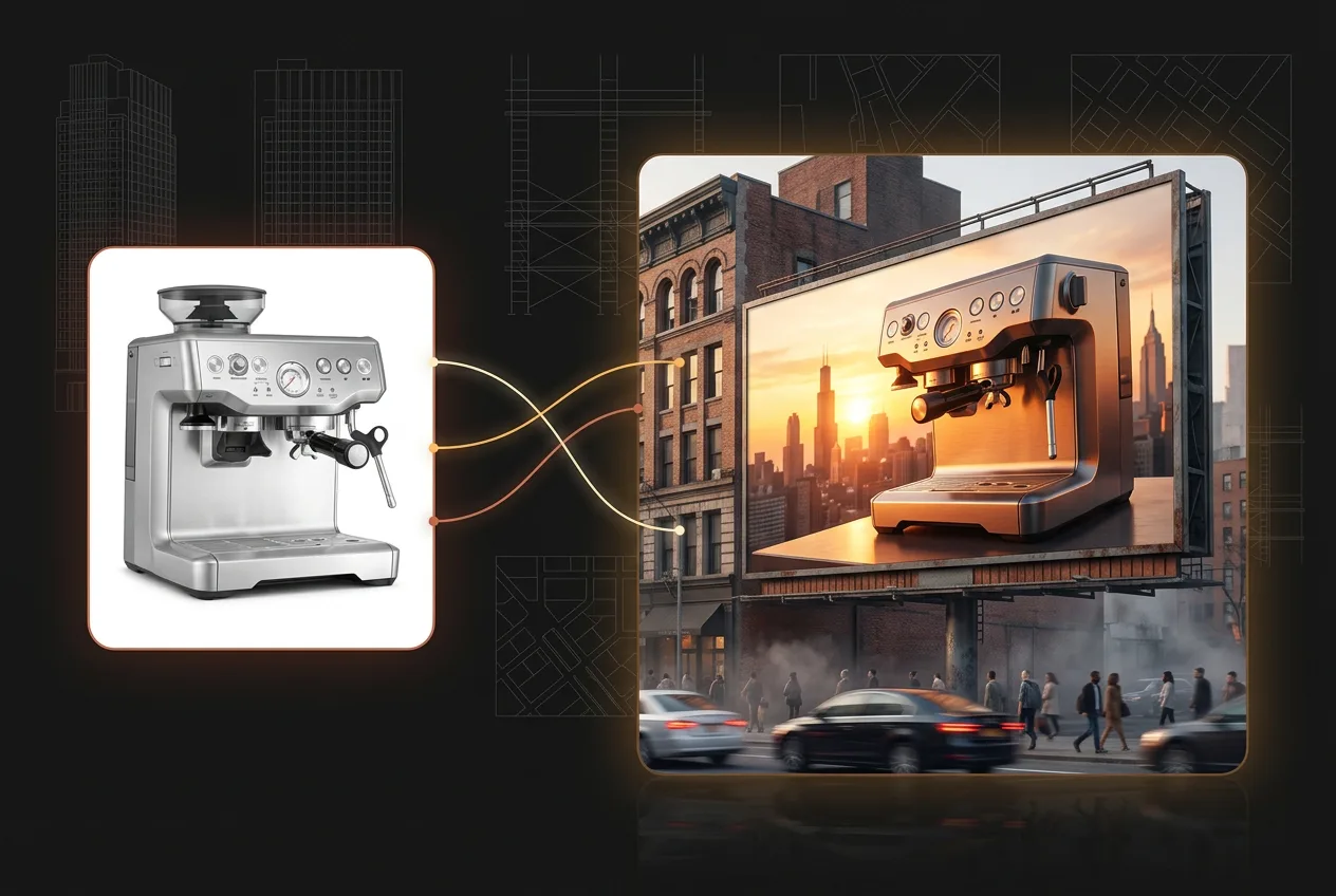 Espresso machine advertisement on NYC billboard with coffee maker product display and city skyline background
