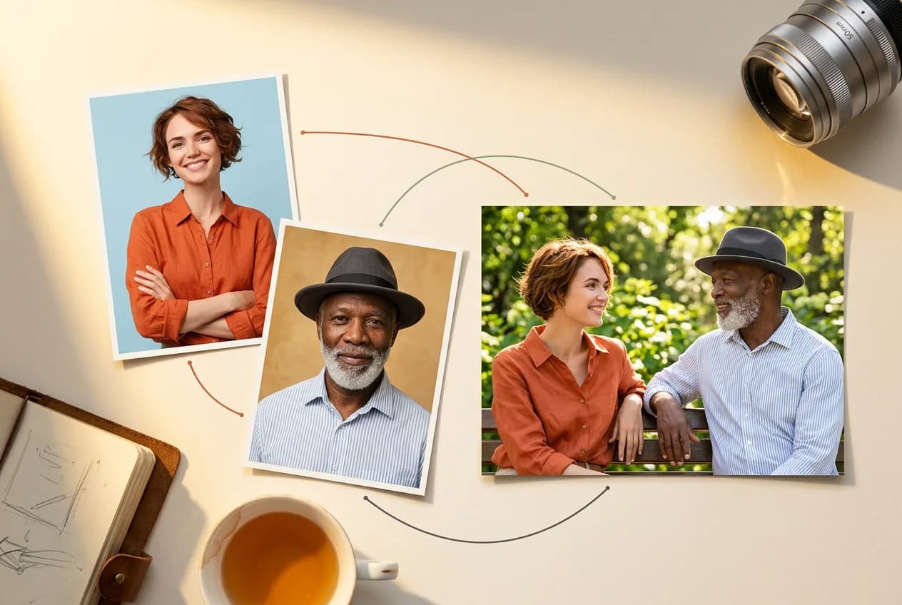 Collage of portrait photographs showing a woman in orange shirt and man with hat, displayed with vintage camera, coffee cup, and sketch notebook on neutral background.