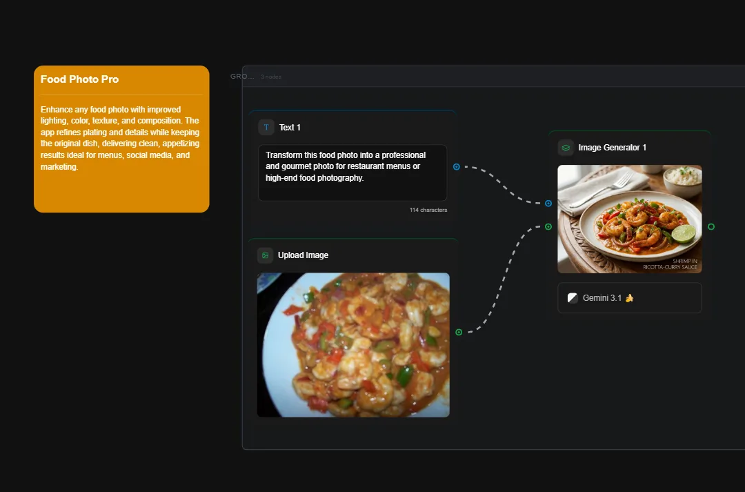 Food Photo Pro app interface showing before-and-after food photography enhancement of curry dish with shrimp, demonstrating professional food photo editing for restaurants and social media
