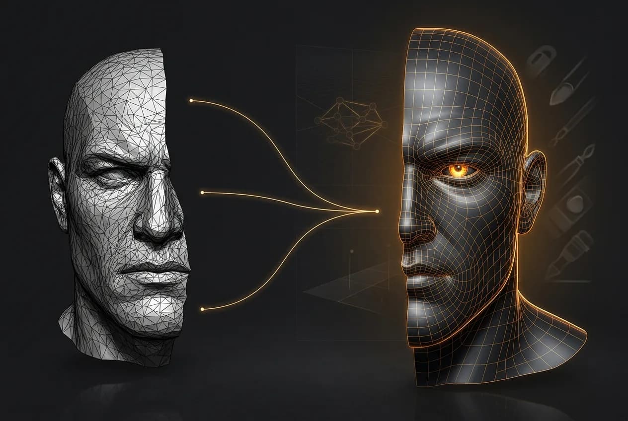 Digital AI head with glowing golden eye and wireframe mesh structure, representing artificial intelligence and neural networks