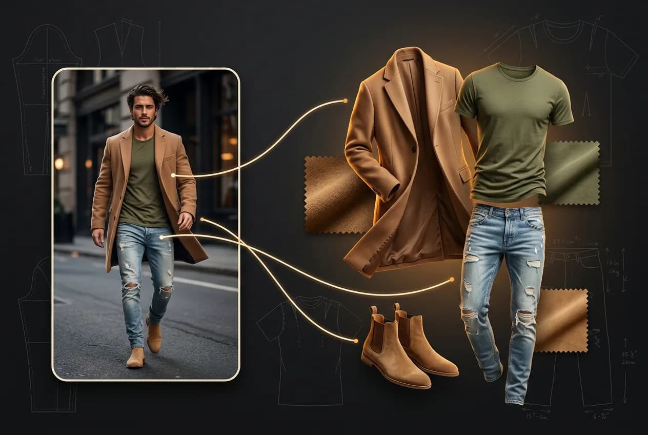 Men's casual outfit styling guide featuring camel blazer, olive t-shirt, distressed jeans, and tan chelsea boots with fabric swatches