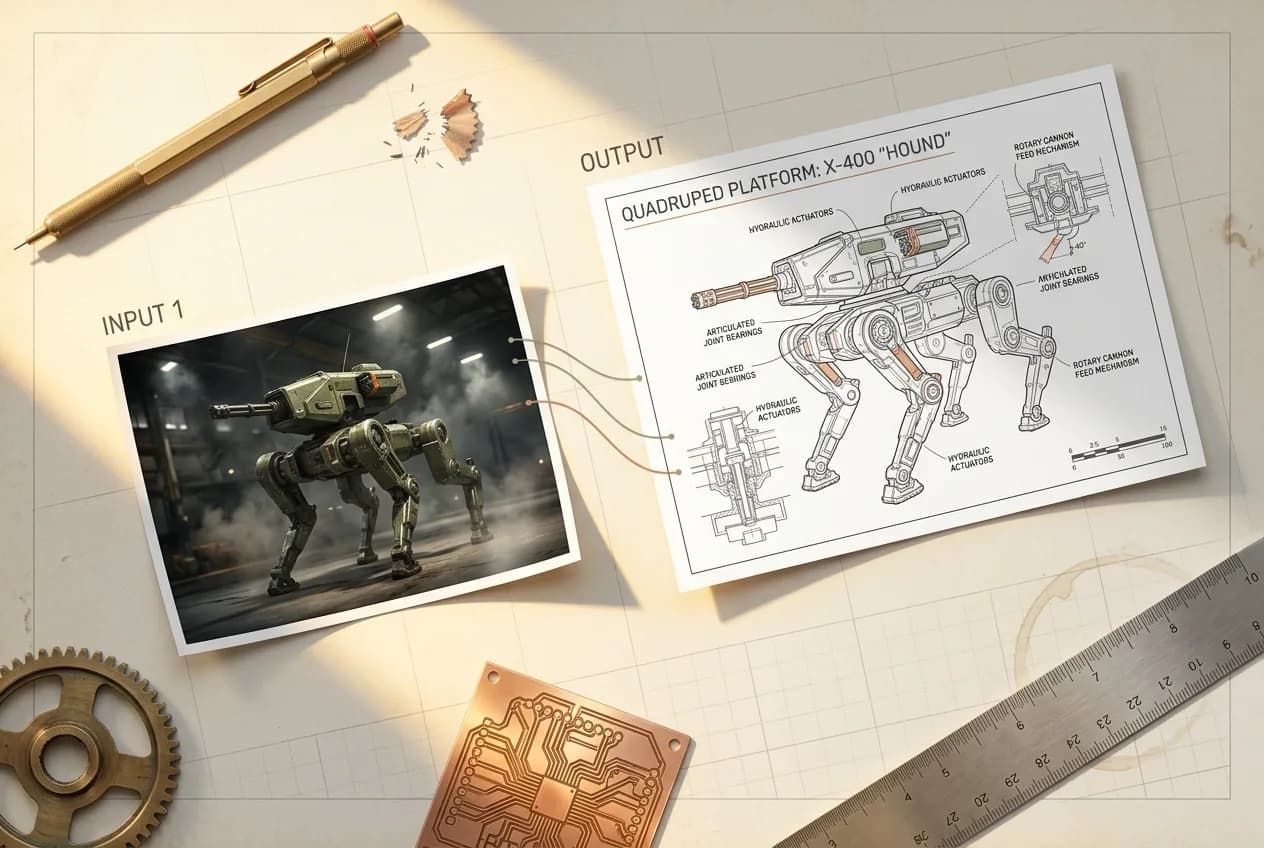Technical blueprint and design schematic of quadruped robot platform X-400 Hound with input reference image and engineering documentation on drafting table