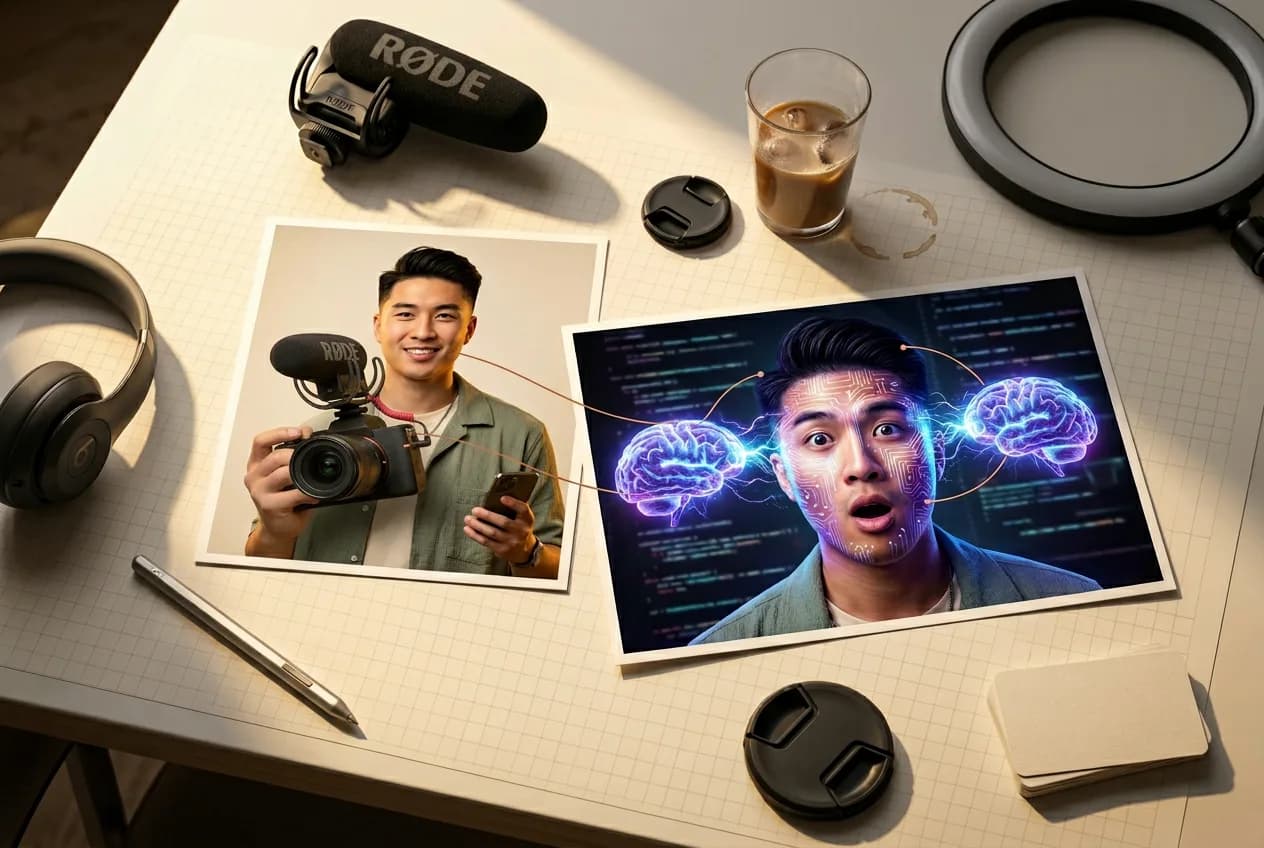 Content creator workspace with filmmaker holding camera and digital portrait showing neon brain graphics, surrounded by RODE microphone and ring light