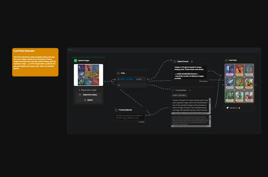 Card Pack Generator AI interface showing uploaded images, prompt builder, and generated trading card layouts with customization options