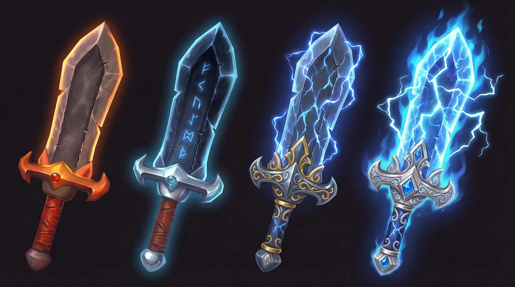 Four glowing fantasy swords with fire, ice, and lightning effects - game weapon design concept art