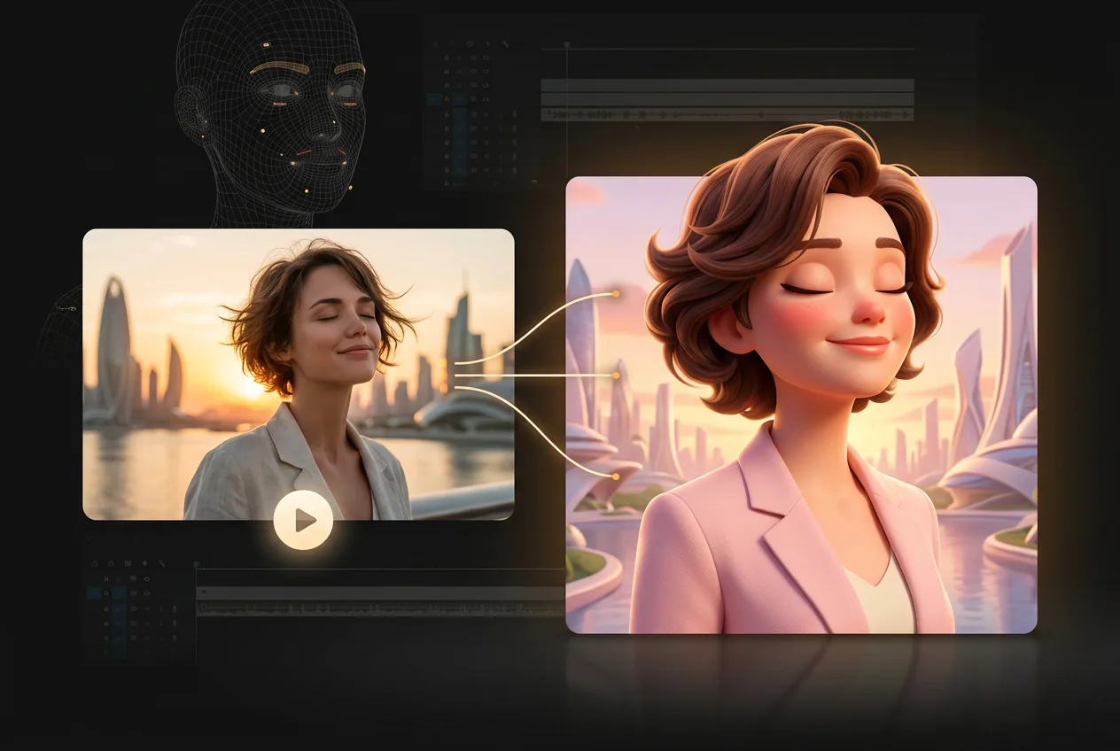 AI avatar creation interface showing real woman photo transformed into animated cartoon character with cityscape background
