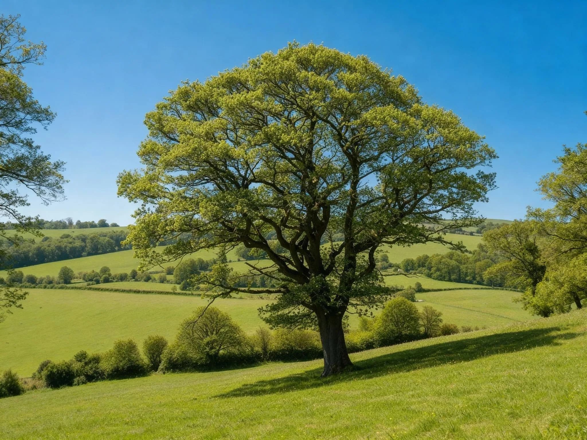 Majestic oak tree with full canopy in rolling green countryside landscape under clear blue sky