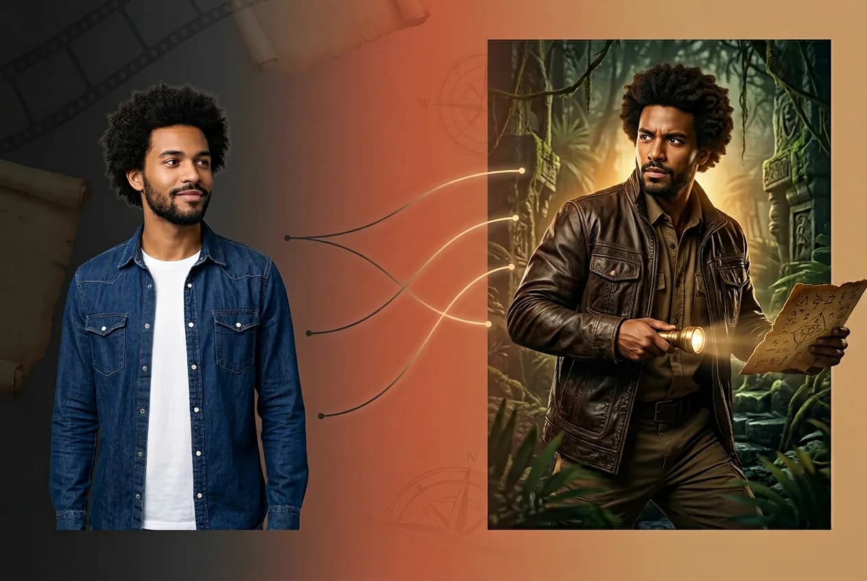 Man in denim shirt transforms into adventure explorer with leather jacket holding treasure map in mystical jungle setting - AI art illustration