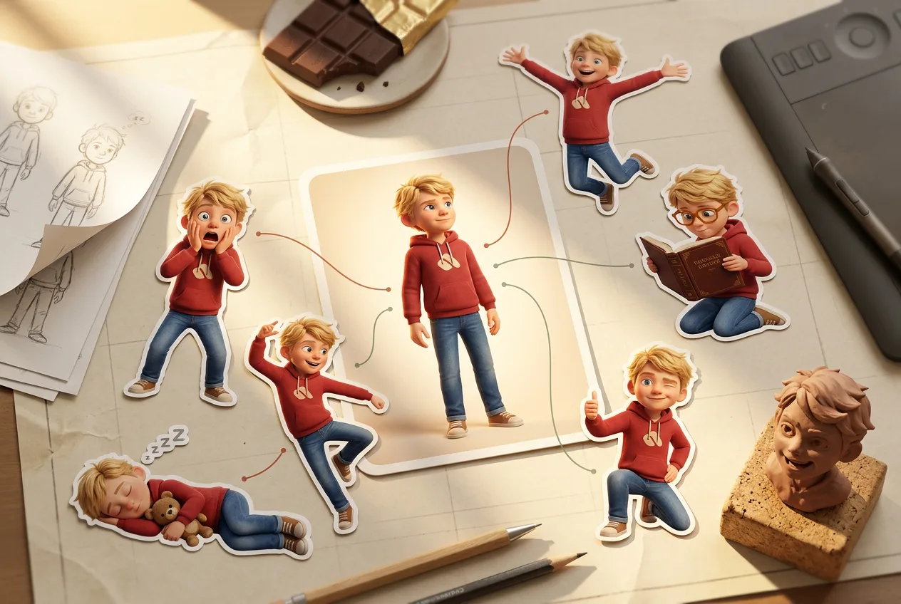 Cartoon boy character sheet showing multiple poses and expressions in red hoodie and blue jeans for animation and design purposes