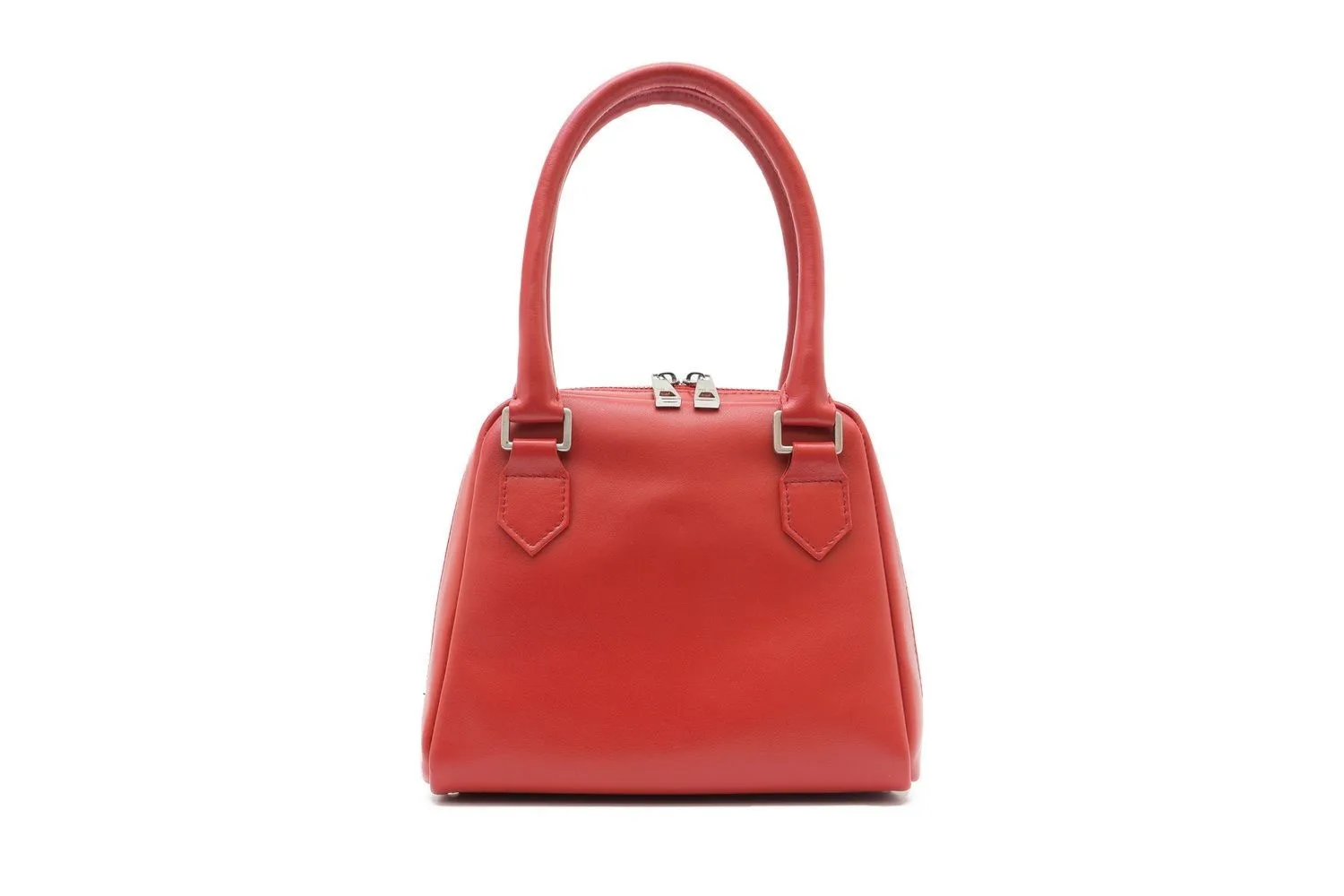 Red leather structured handbag with curved handles and silver top closure clasp on white background