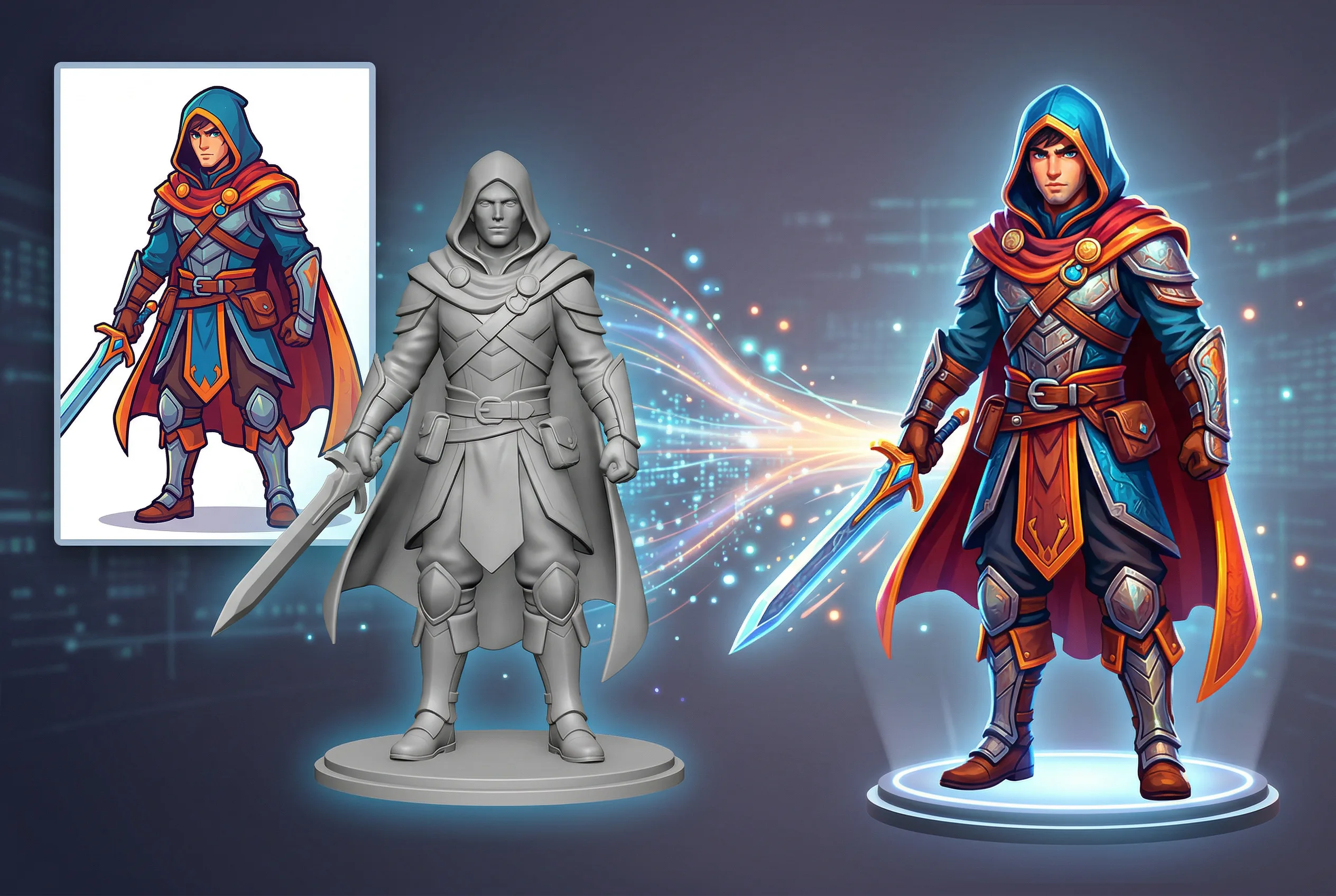 Fantasy warrior character design showing 3D model evolution from clay to colorful armor with blue hood, red cloak, and glowing sword in digital concept art style