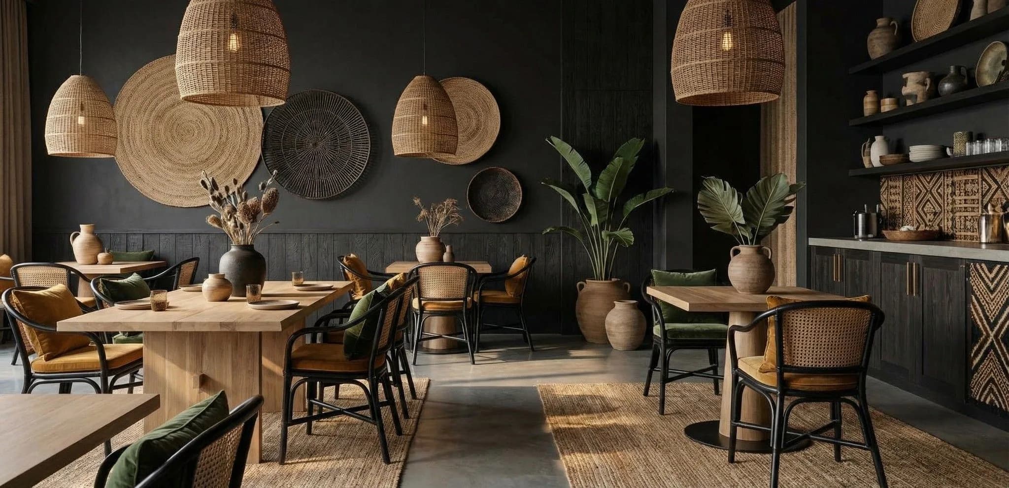 Modern bohemian dining room with woven pendant lights, dark walls, natural wood table, rattan chairs, and potted plants