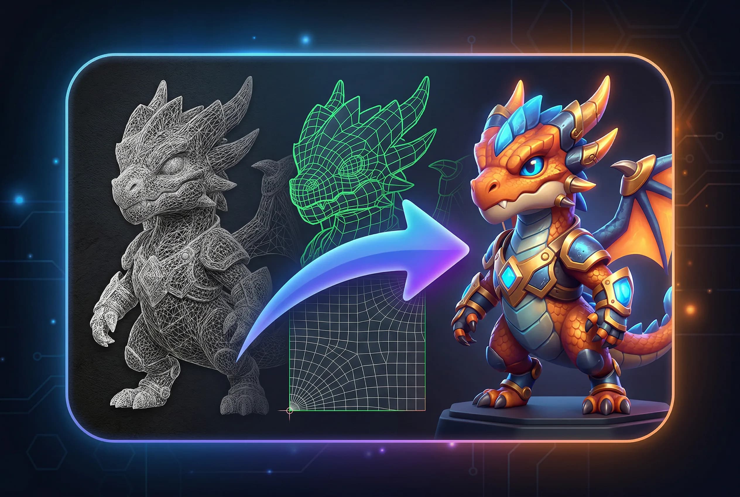 3D dragon character design evolution showing sketch wireframe to colorful armored dragon game character with neon border