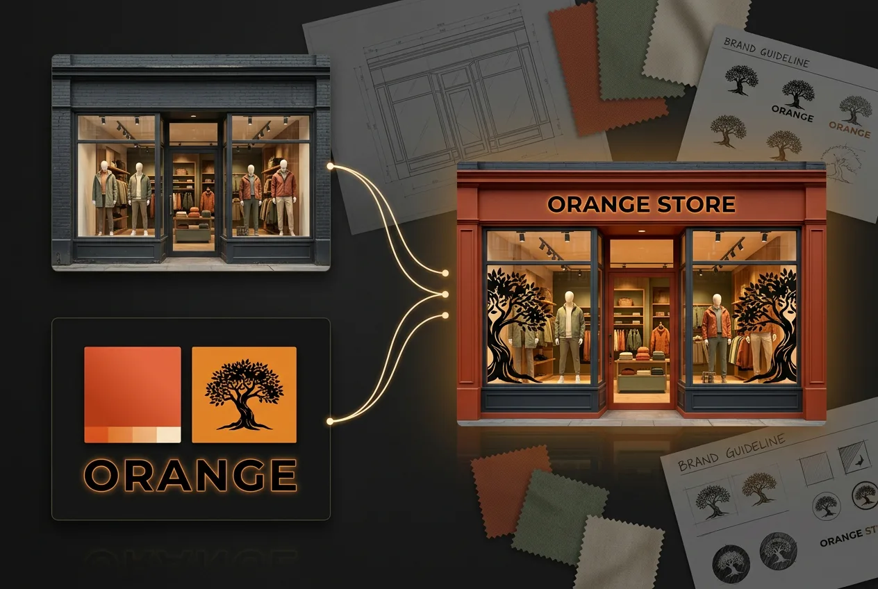 Fashion retail store branding mockup with orange storefront, logo design featuring tree icon, color swatches, and architectural layout sketches