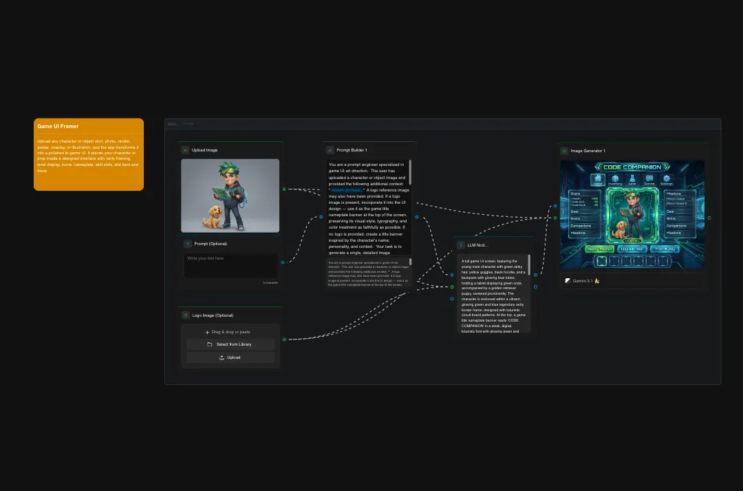 Game UI Framer interface showing character creation workflow with uploaded image, prompt builder, and image generator tools for game development